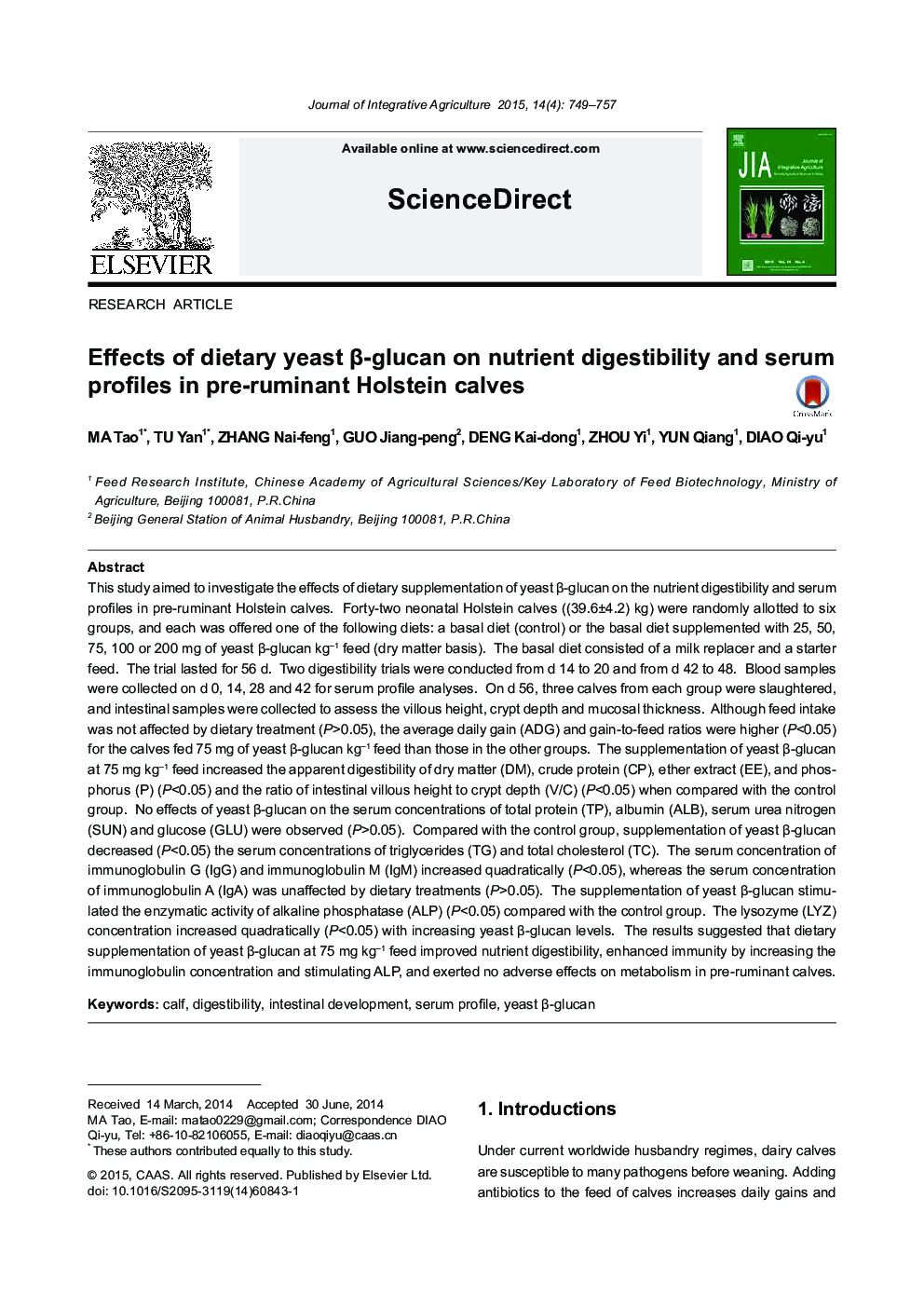 Effects of dietary yeast β-glucan on nutrient digestibility and serum profiles in pre-ruminant Holstein calves