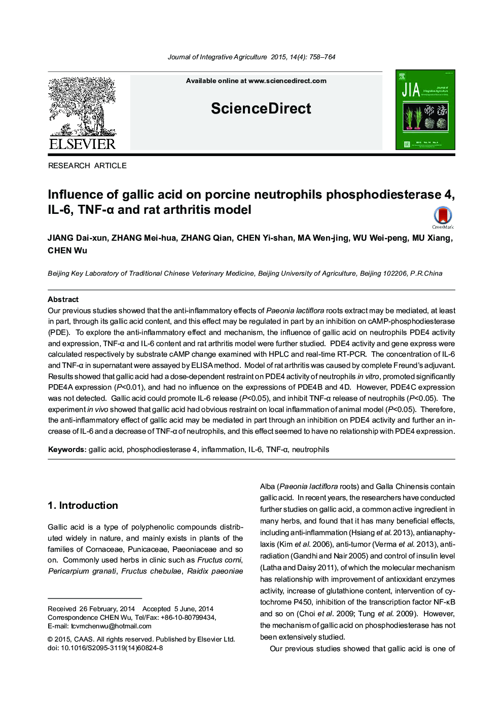 Influence of gallic acid on porcine neutrophils phosphodiesterase 4, IL-6, TNF-α and rat arthritis model
