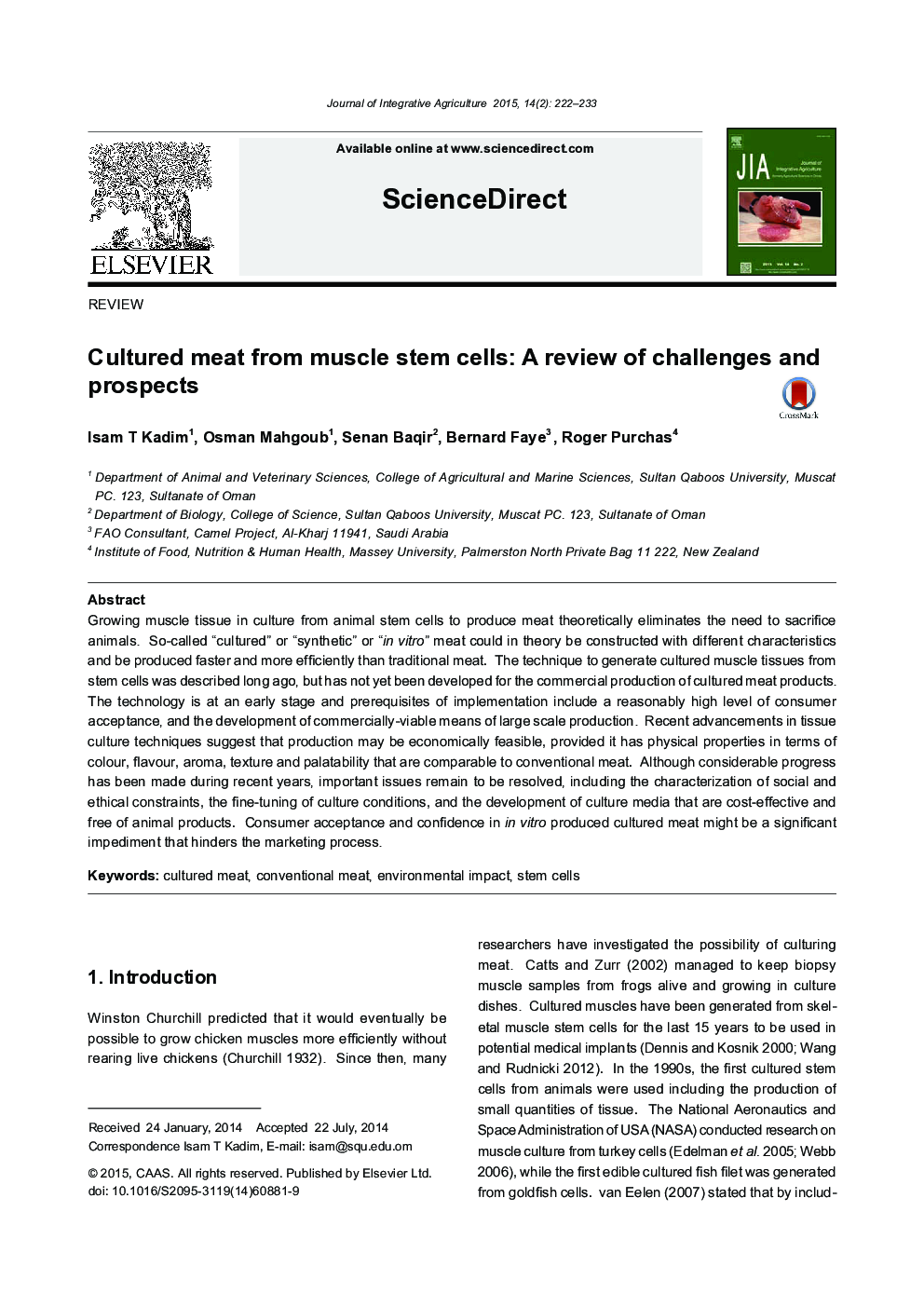 Cultured meat from muscle stem cells: A review of challenges and prospects