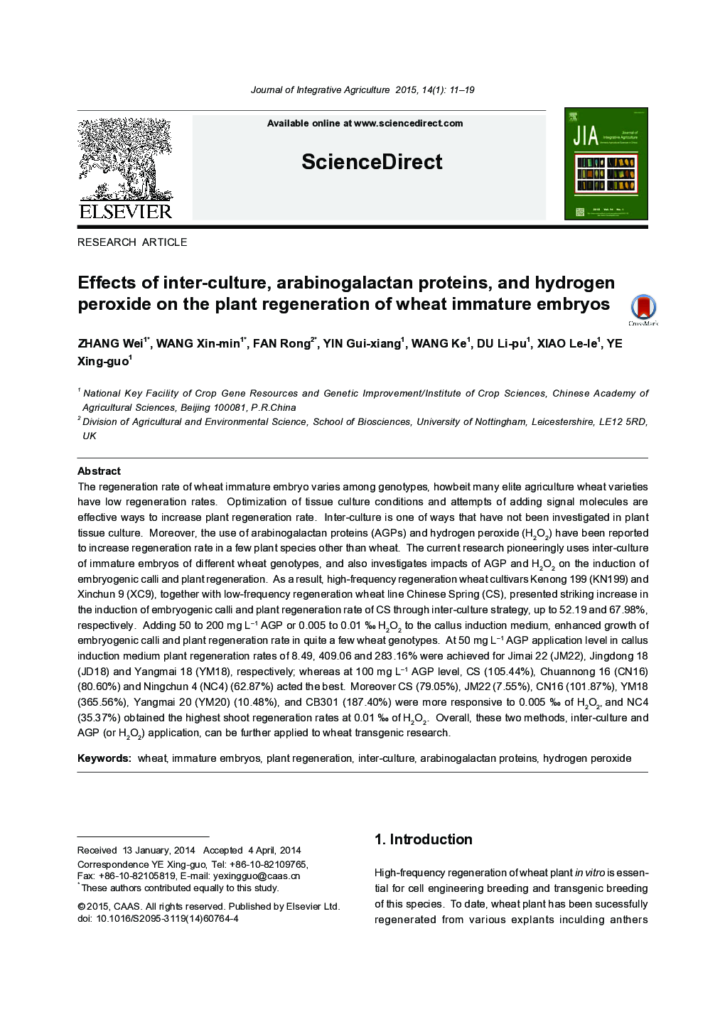 Effects of inter-culture, arabinogalactan proteins, and hydrogen peroxide on the plant regeneration of wheat immature embryos