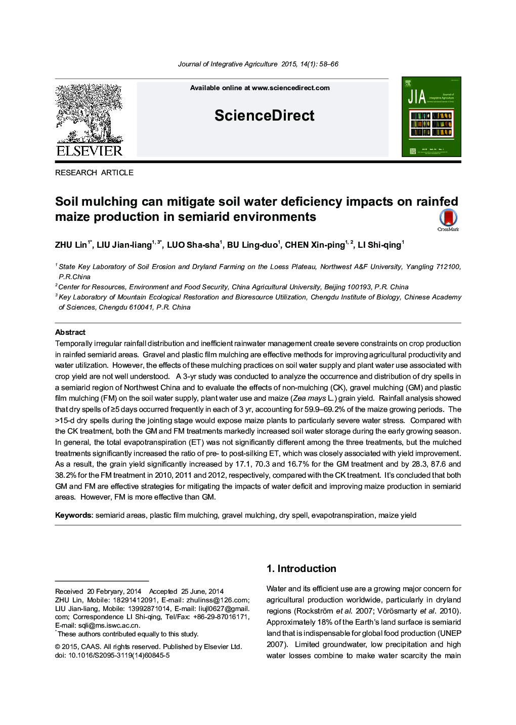 Soil mulching can mitigate soil water deficiency impacts on rainfed maize production in semiarid environments