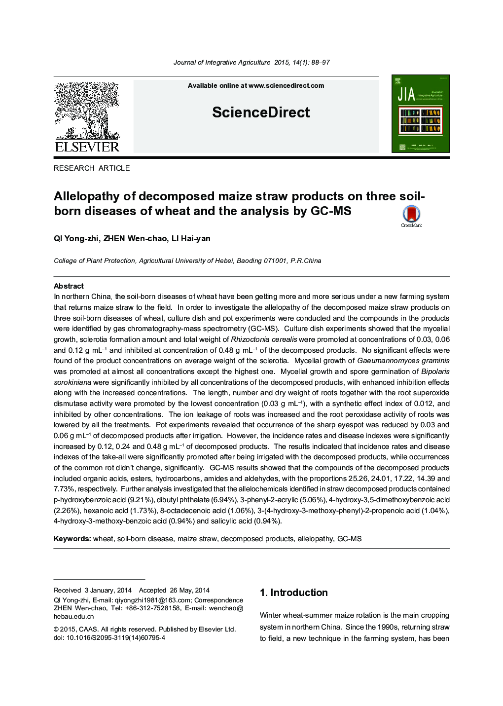 Allelopathy of decomposed maize straw products on three soil-born diseases of wheat and the analysis by GC-MS