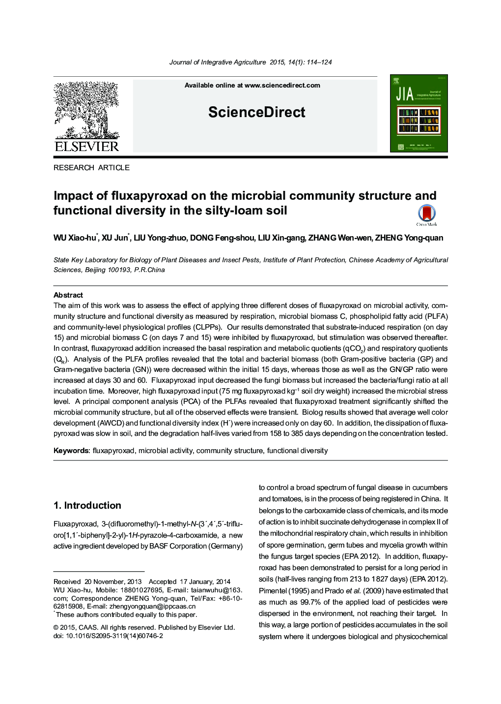 Impact of fluxapyroxad on the microbial community structure and functional diversity in the silty-loam soil