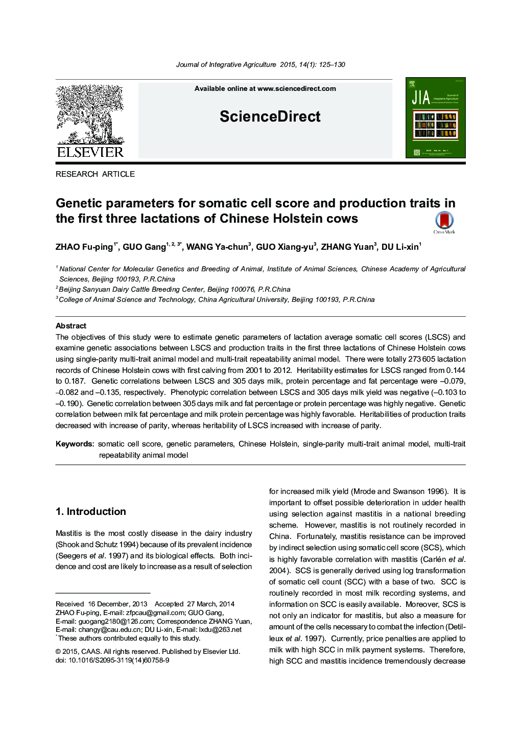 Genetic parameters for somatic cell score and production traits in the first three lactations of Chinese Holstein cows