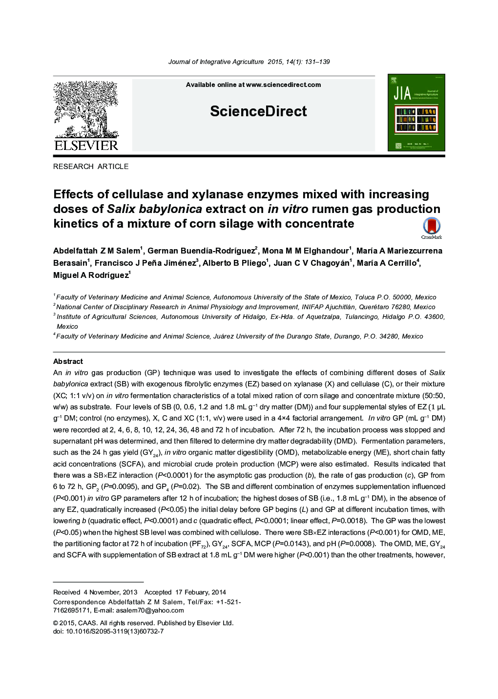 Effects of cellulase and xylanase enzymes mixed with increasing doses of Salix babylonica extract on in vitro rumen gas production kinetics of a mixture of corn silage with concentrate