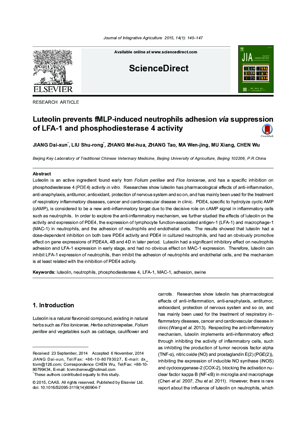 Luteolin prevents fMLP-induced neutrophils adhesion via suppression of LFA-1 and phosphodiesterase 4 activity
