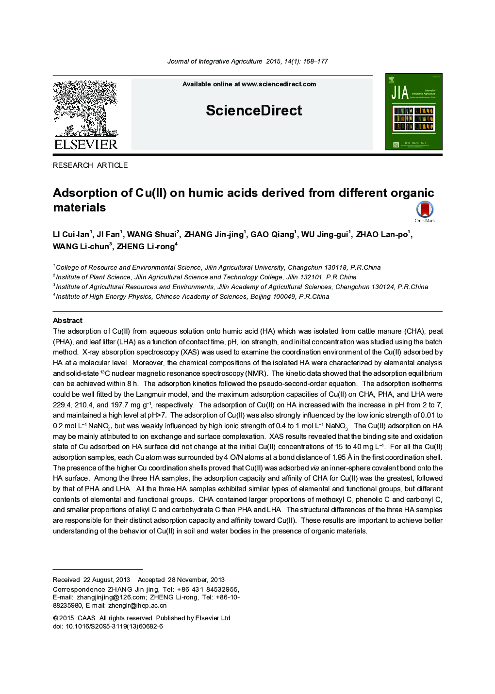 Adsorption of Cu(II) on humic acids derived from different organic materials