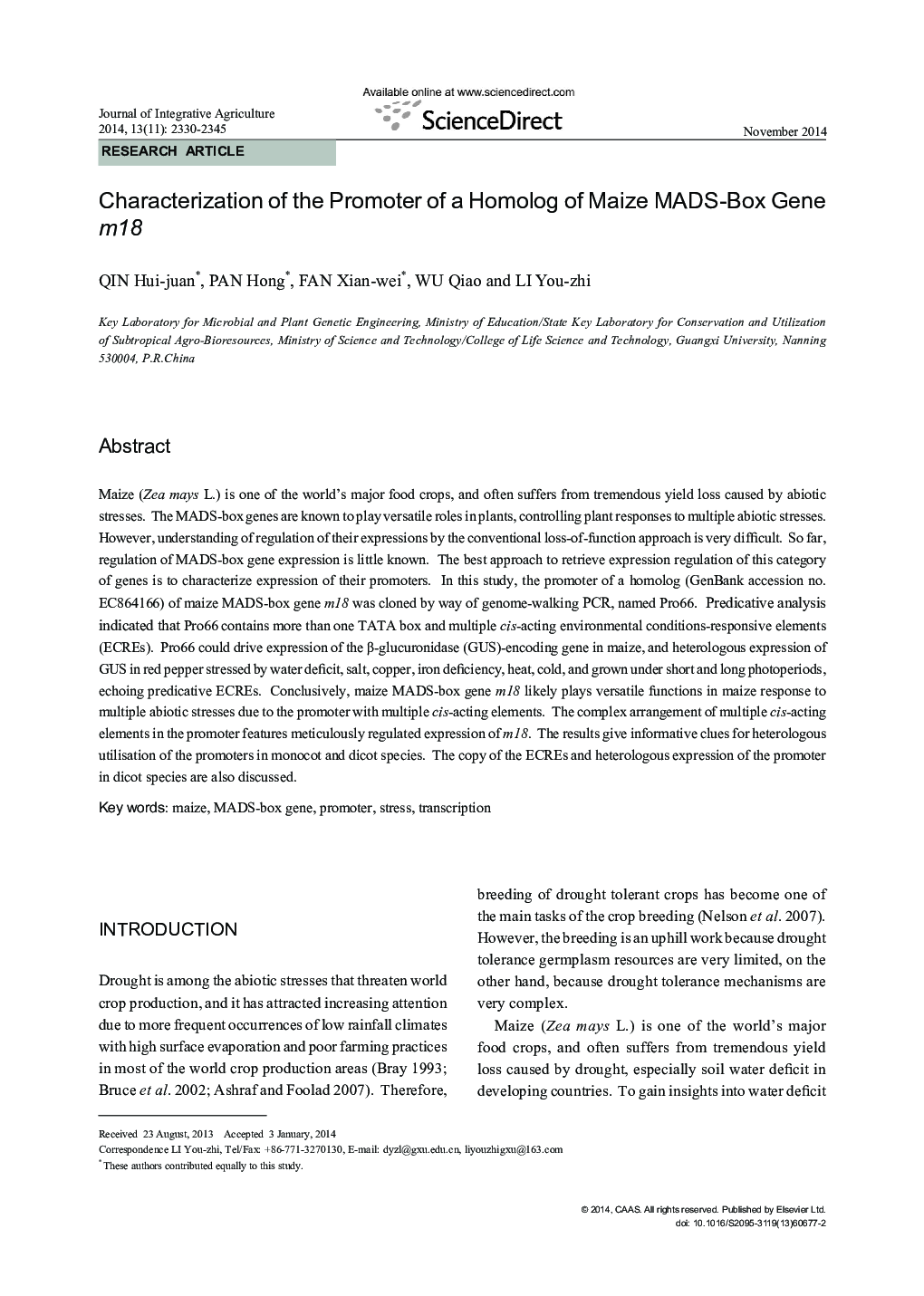 Characterization of the Promoter of a Homolog of Maize MADS-Box Gene m18