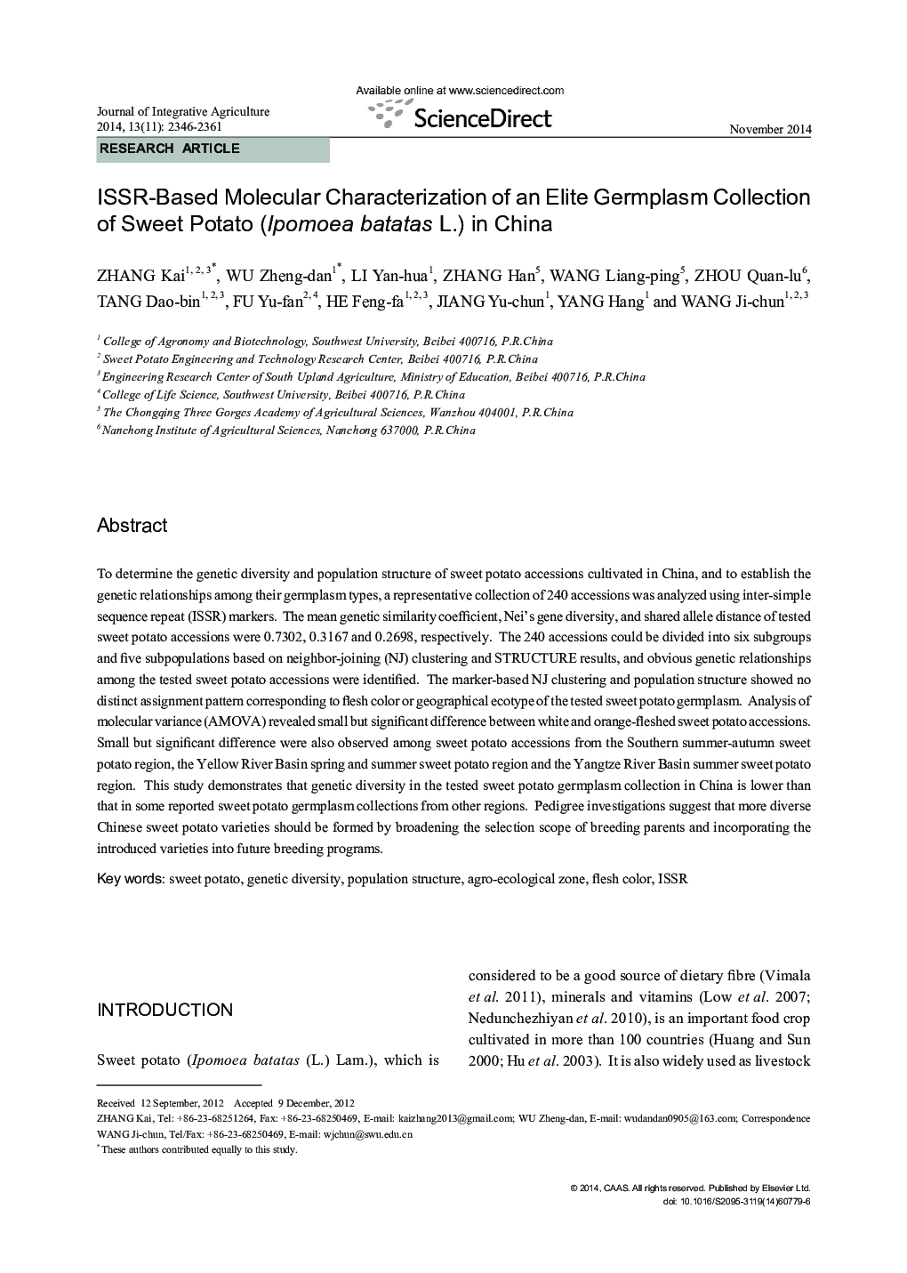 ISSR-Based Molecular Characterization of an Elite Germplasm Collection of Sweet Potato (Ipomoea batatas L.) in China