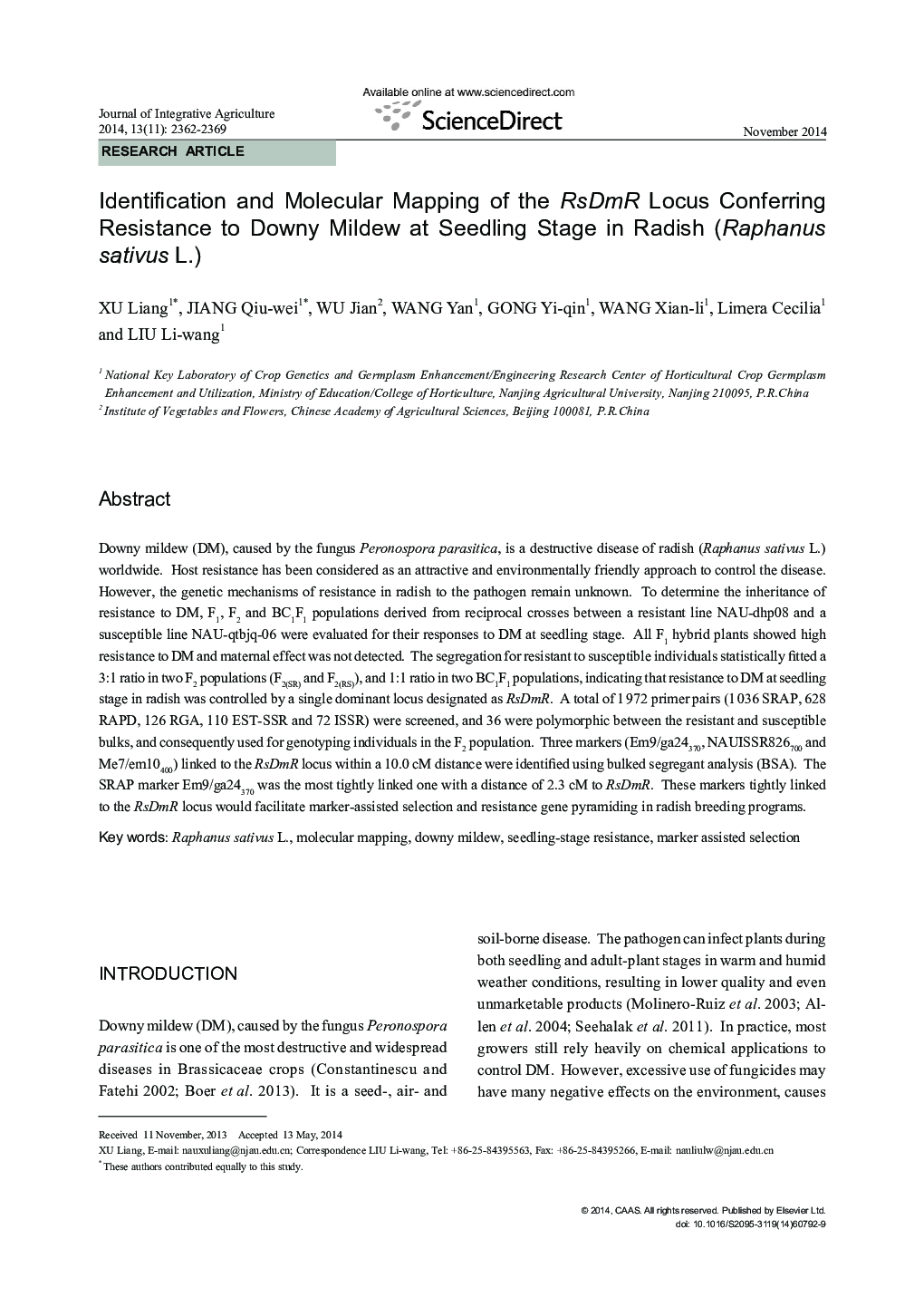 Identification and Molecular Mapping of the RsDmR Locus Conferring Resistance to Downy Mildew at Seedling Stage in Radish (Raphanus sativus L.)