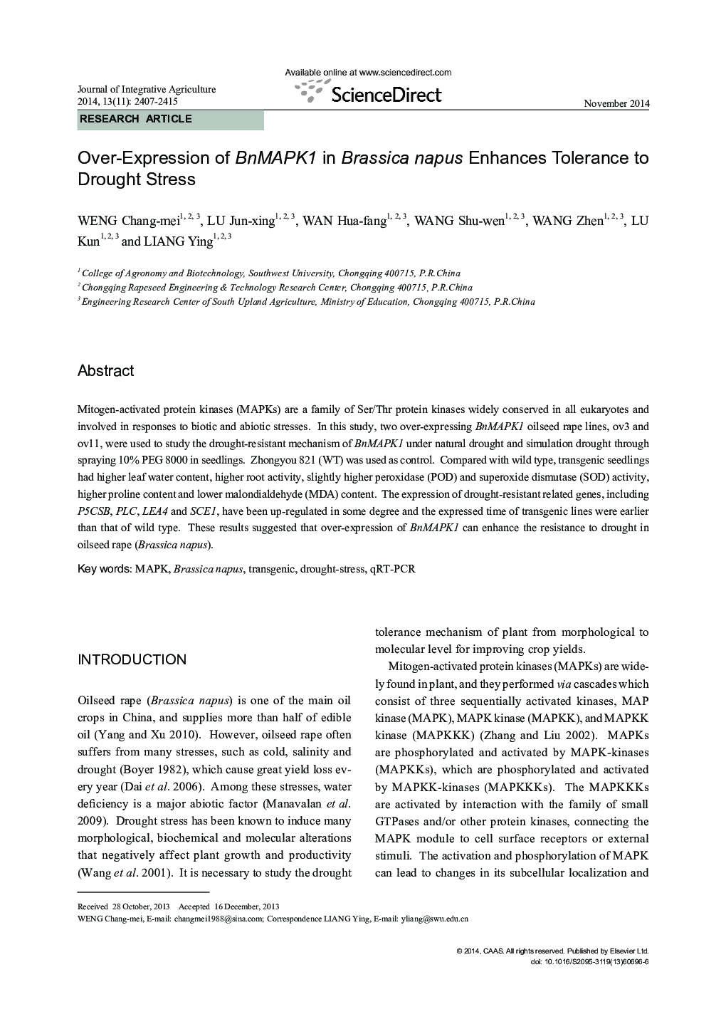 Over-Expression of BnMAPK1 in Brassica napus Enhances Tolerance to Drought Stress