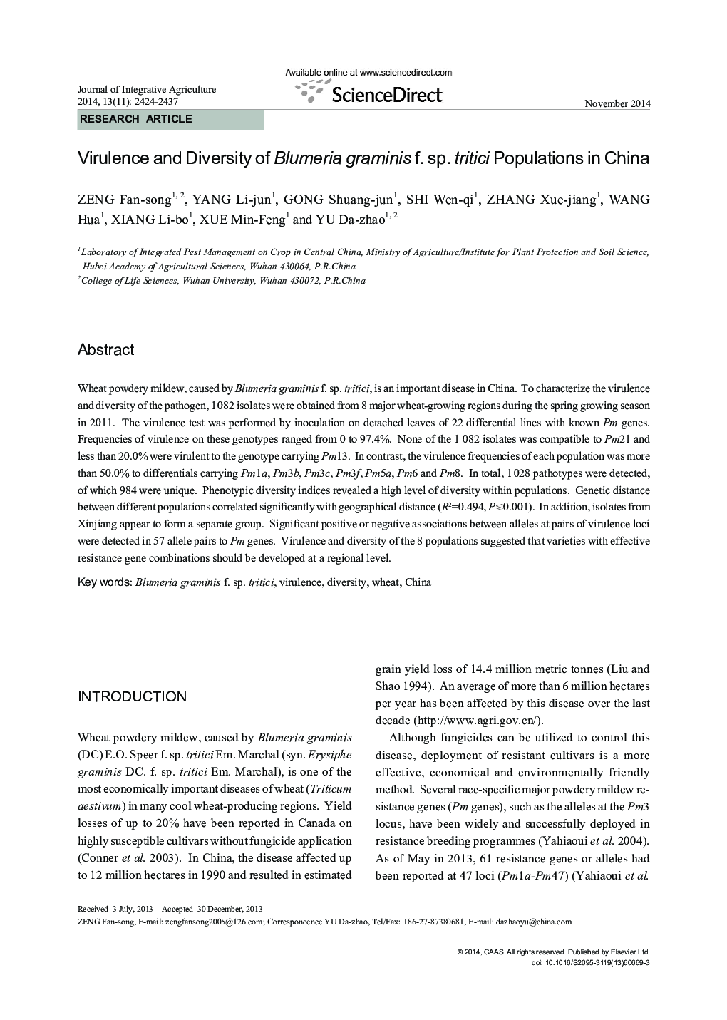 Virulence and Diversity of Blumeria graminis f. sp. tritici Populations in China