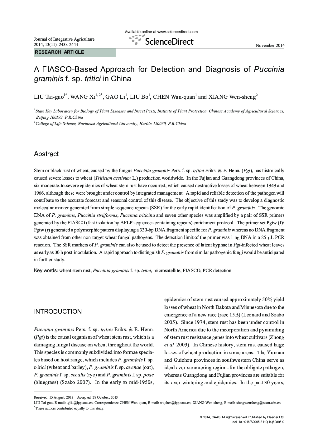 A FIASCO-Based Approach for Detection and Diagnosis of Puccinia graminis f. sp. tritici in China