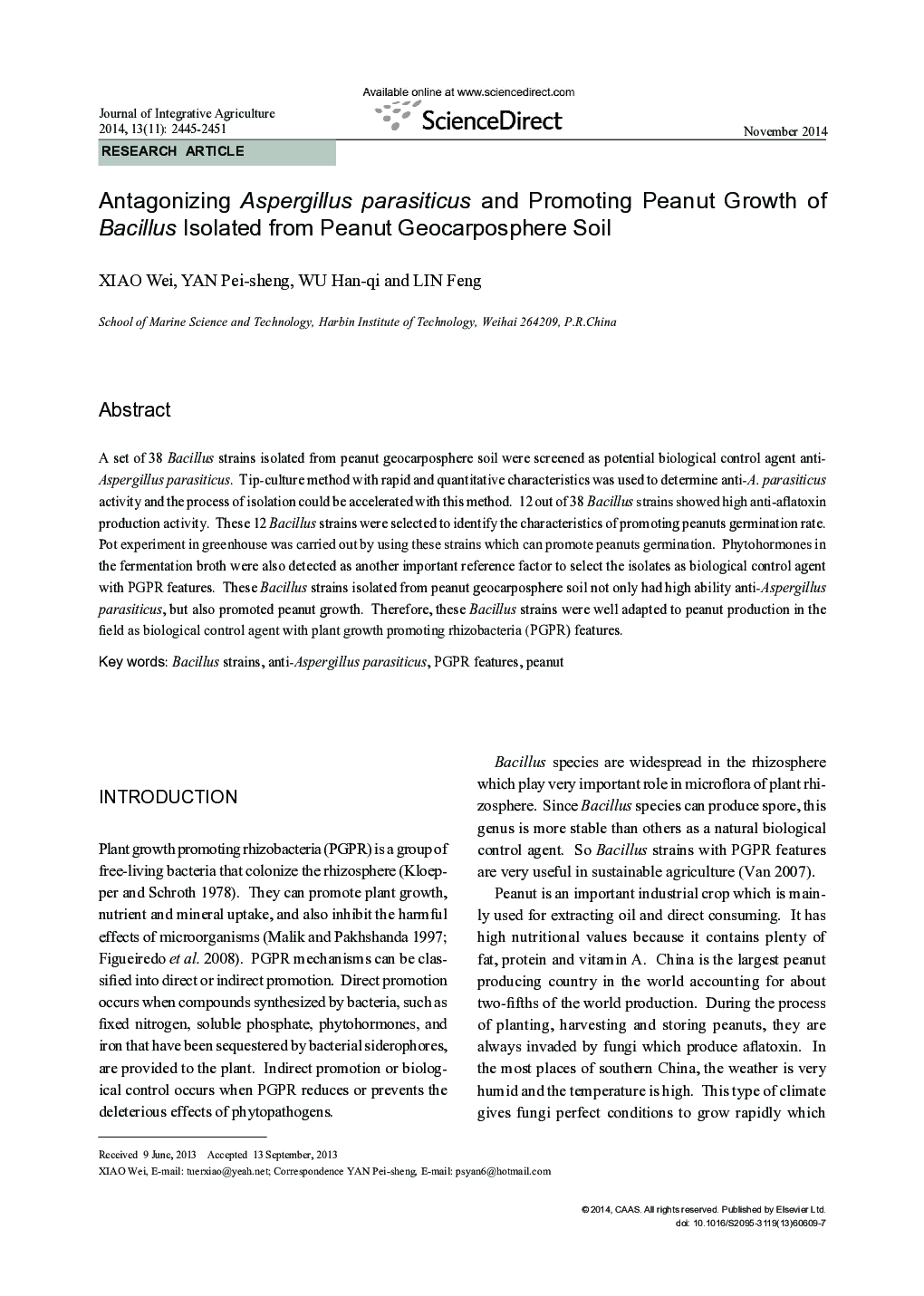 Antagonizing Aspergillus parasiticus and Promoting Peanut Growth of Bacillus Isolated from Peanut Geocarposphere Soil