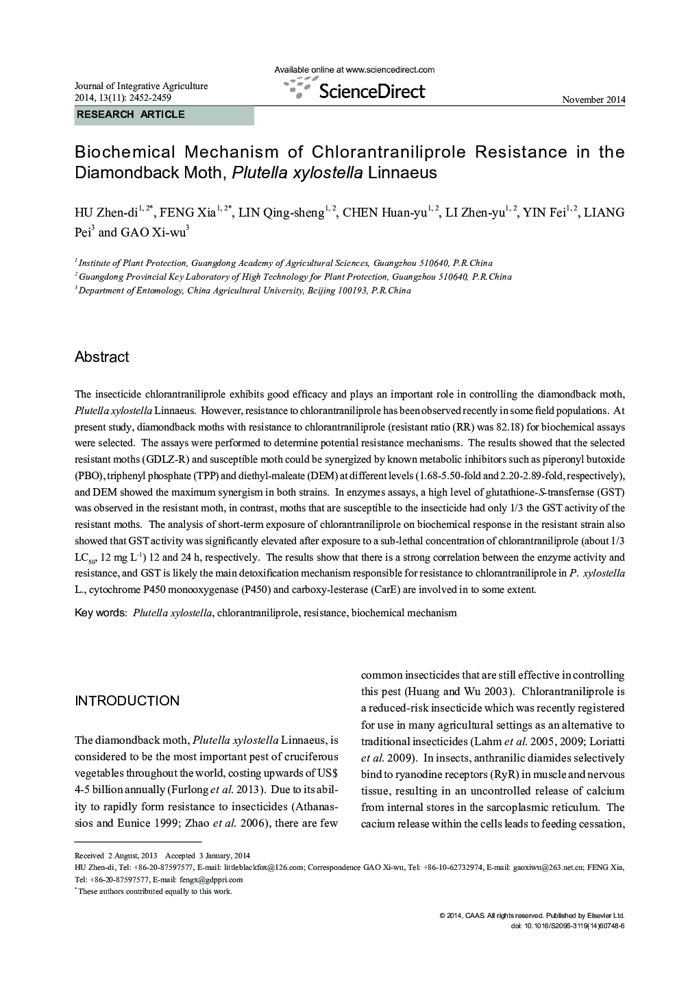 Biochemical Mechanism of Chlorantraniliprole Resistance in the Diamondback Moth, Plutella xylostella Linnaeus