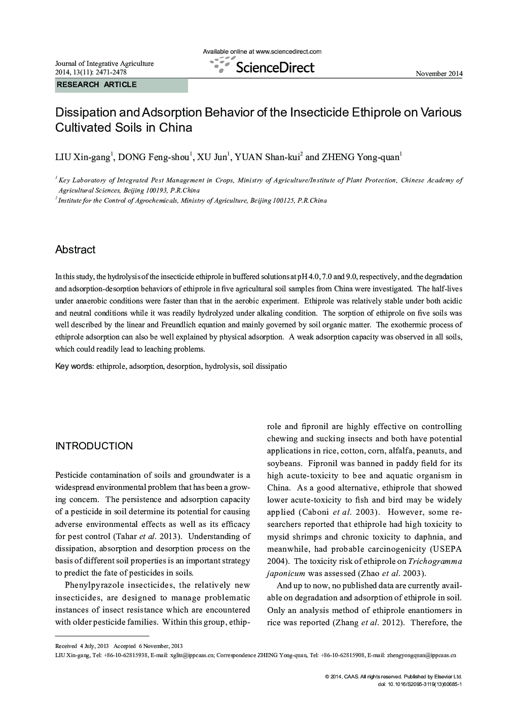 Dissipation and Adsorption Behavior of the Insecticide Ethiprole on Various Cultivated Soils in China