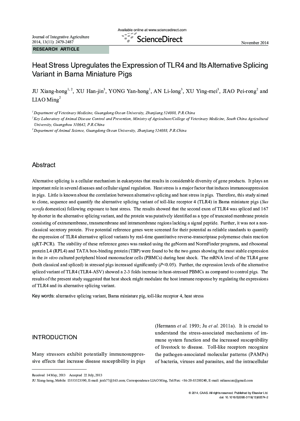 Heat Stress Upregulates the Expression of TLR4 and Its Alternative Splicing Variant in Bama Miniature Pigs