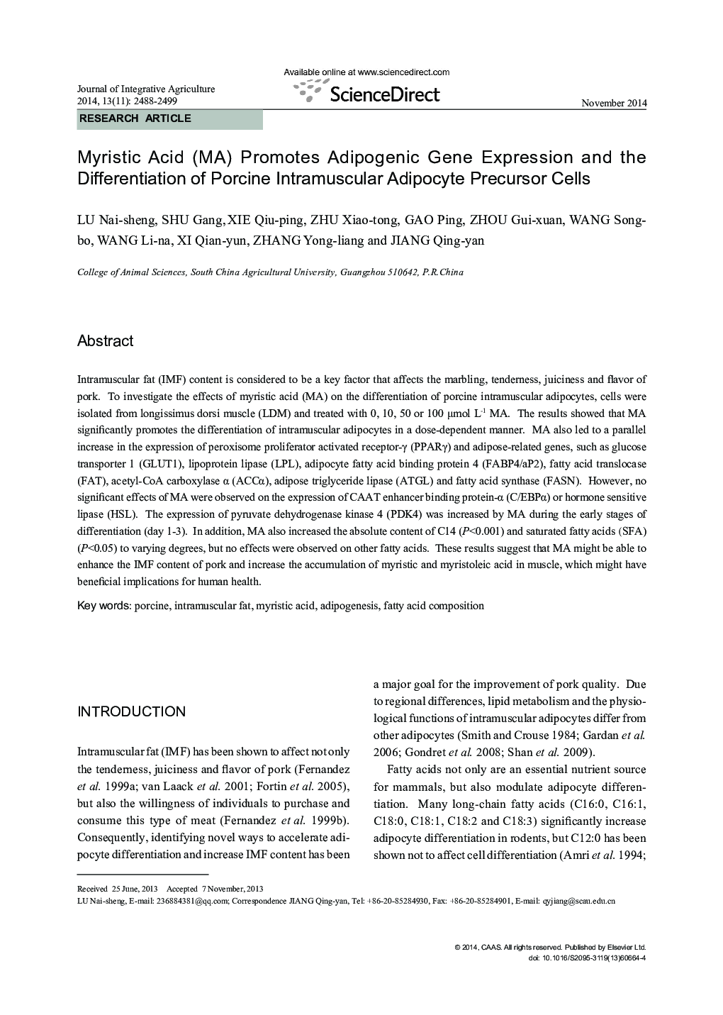 Myristic Acid (MA) Promotes Adipogenic Gene Expression and the Differentiation of Porcine Intramuscular Adipocyte Precursor Cells