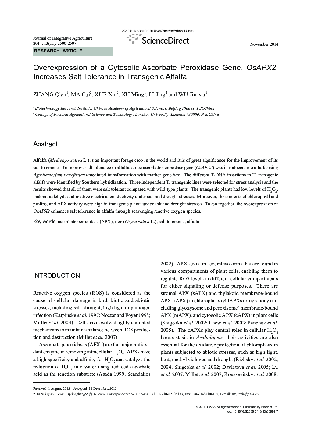 Overexpression of a Cytosolic Ascorbate Peroxidase Gene, OsAPX2, Increases Salt Tolerance in Transgenic Alfalfa