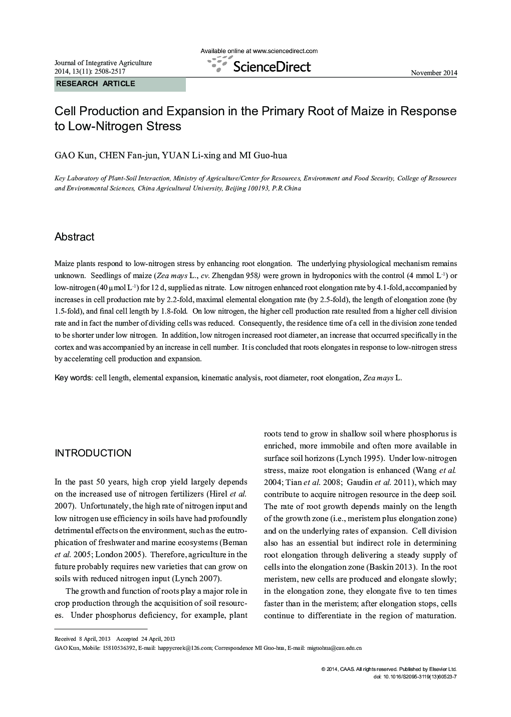 Cell Production and Expansion in the Primary Root of Maize in Response to Low-Nitrogen Stress