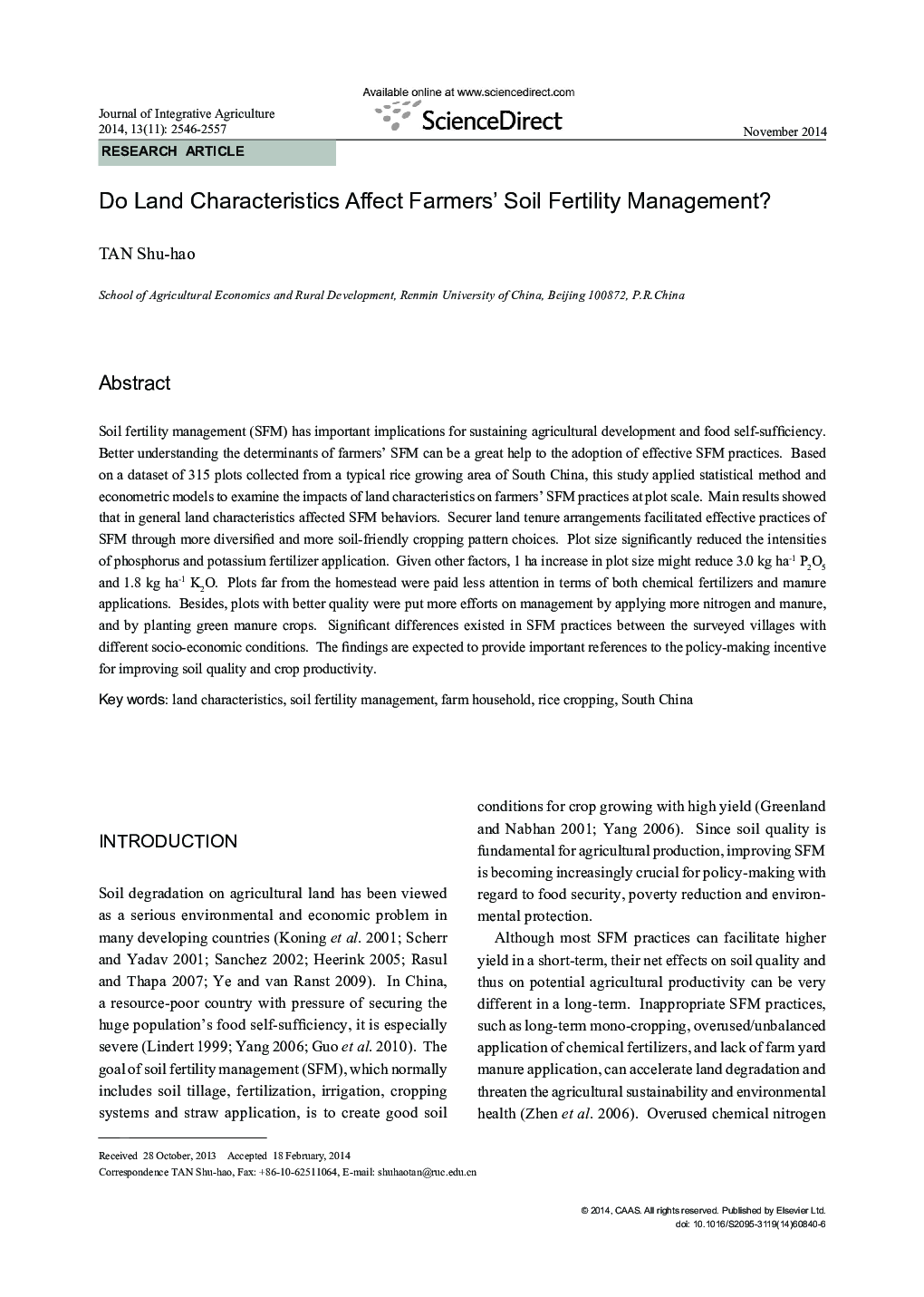 Do Land Characteristics Affect Farmers' Soil Fertility Management?