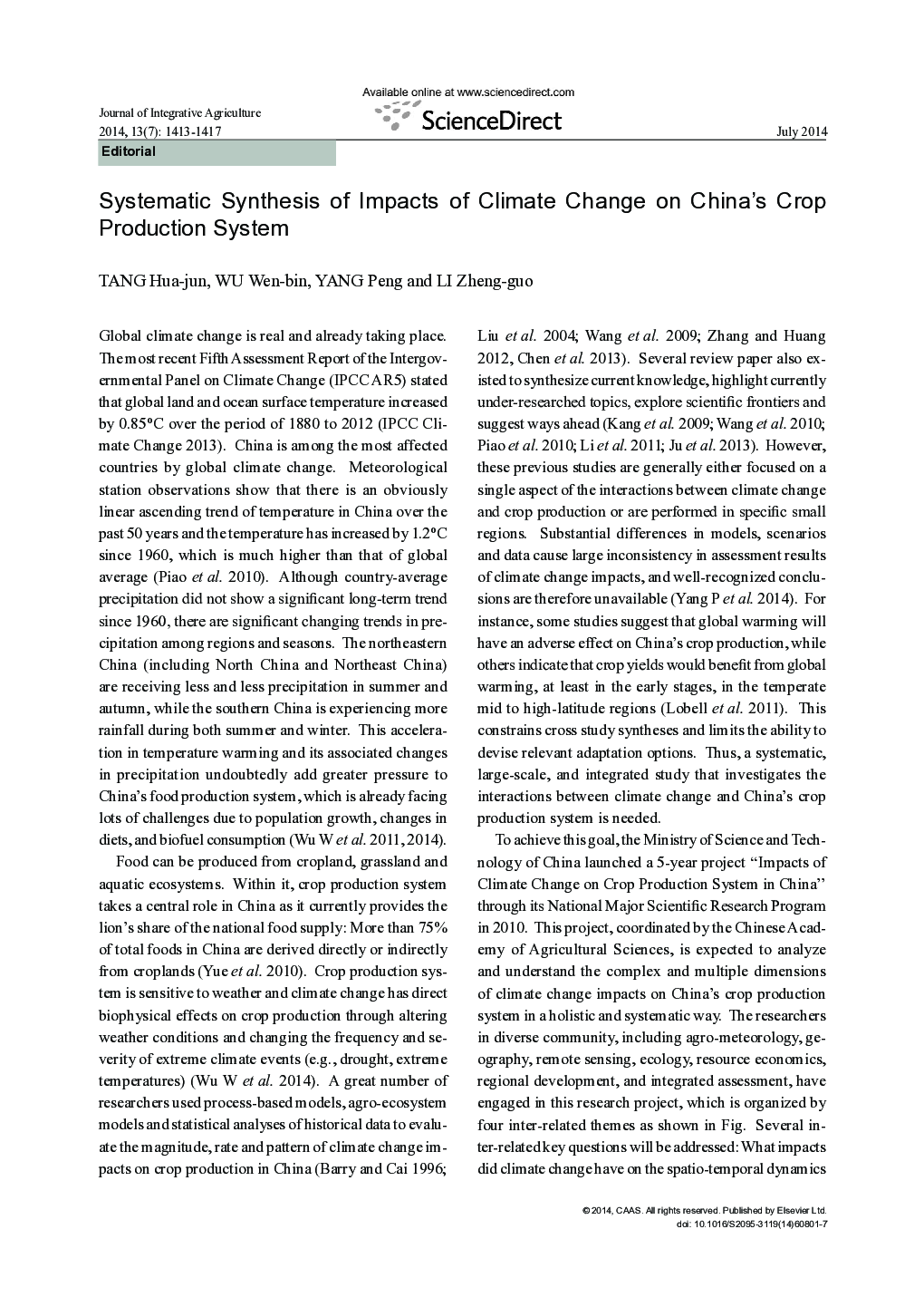 Systematic Synthesis of Impacts of Climate Change on China's Crop Production System