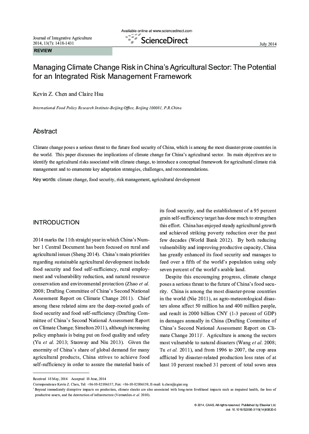 Managing Climate Change Risk in China's Agricultural Sector: The Potential for an Integrated Risk Management Framework