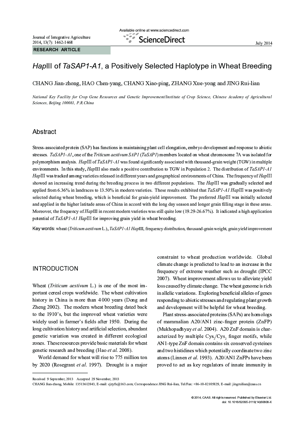 HapIII of TaSAP1-A1, a Positively Selected Haplotype in Wheat Breeding
