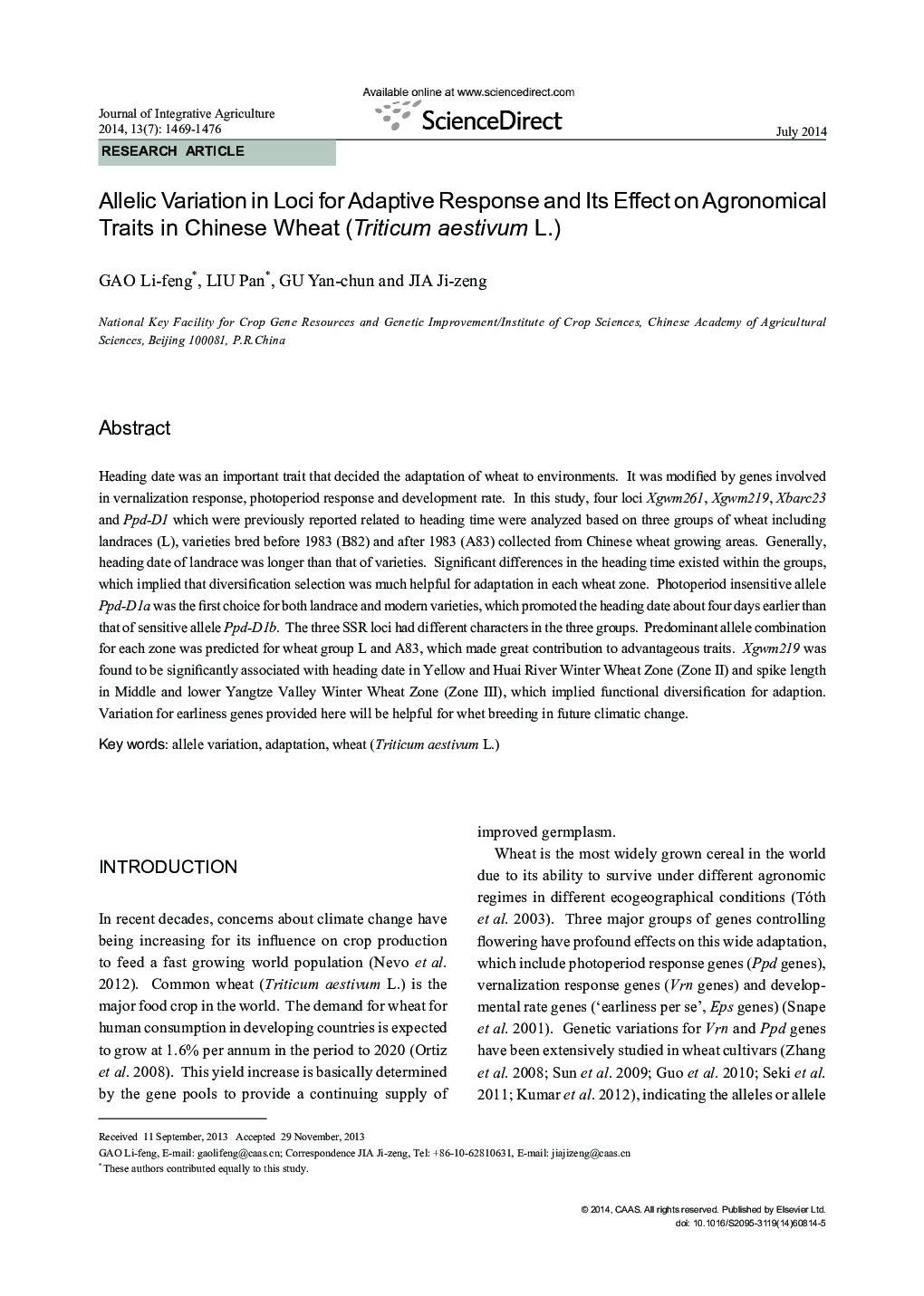 عکس صفحه اول مقاله: Allelic Variation in Loci for Adaptive Response and Its Effect on Agronomical Traits in Chinese Wheat (Triticum aestivum L.) Allelic Variation in Loci for Adaptive Response and Its Effect on Agronomical Traits in Chinese Wheat (Triticum aestivum L.)