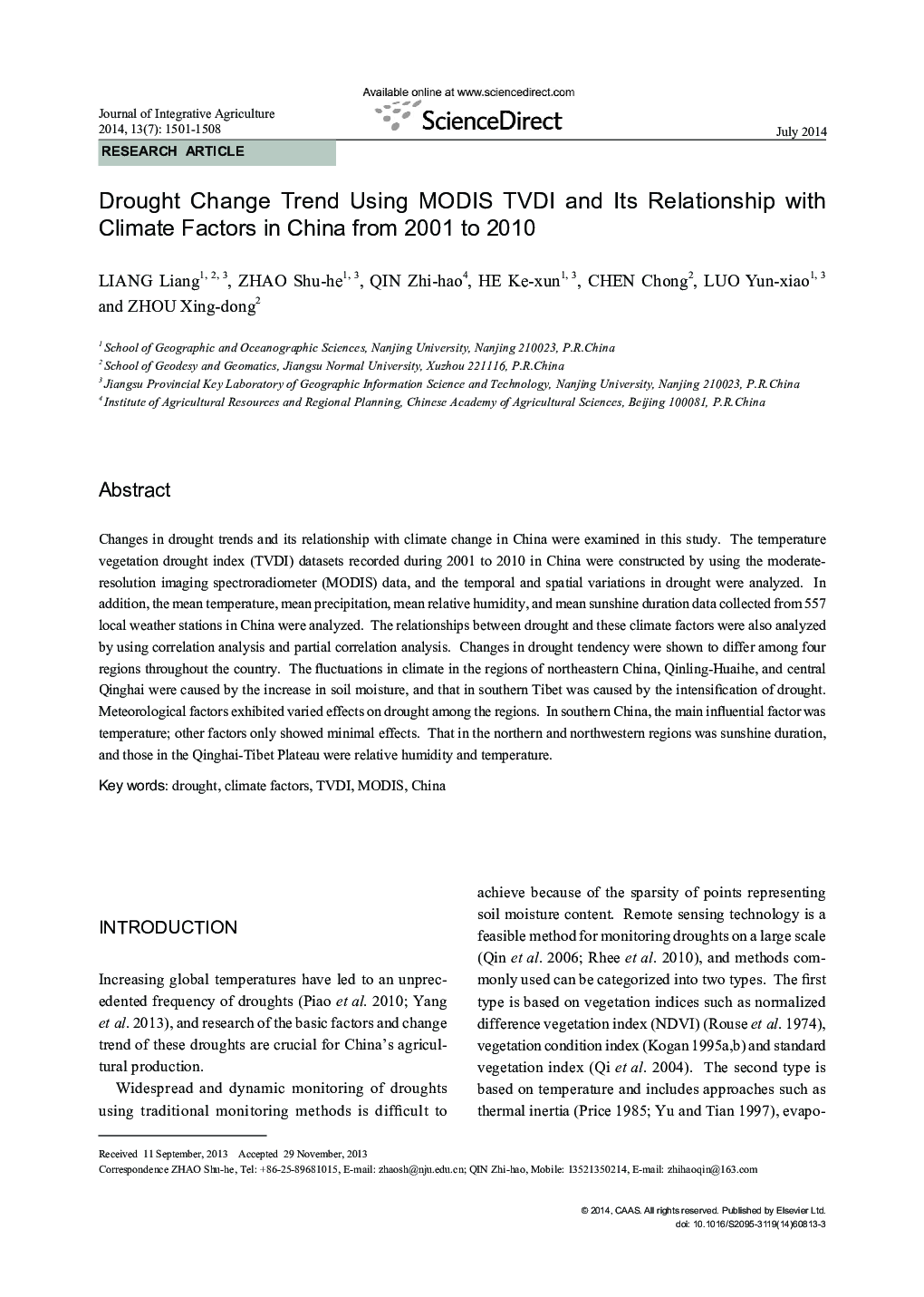 عکس صفحه اول مقاله: Drought Change Trend Using MODIS TVDI and Its Relationship with Climate Factors in China from 2001 to 2010 Drought Change Trend Using MODIS TVDI and Its Relationship with Climate Factors in China from 2001 to 2010