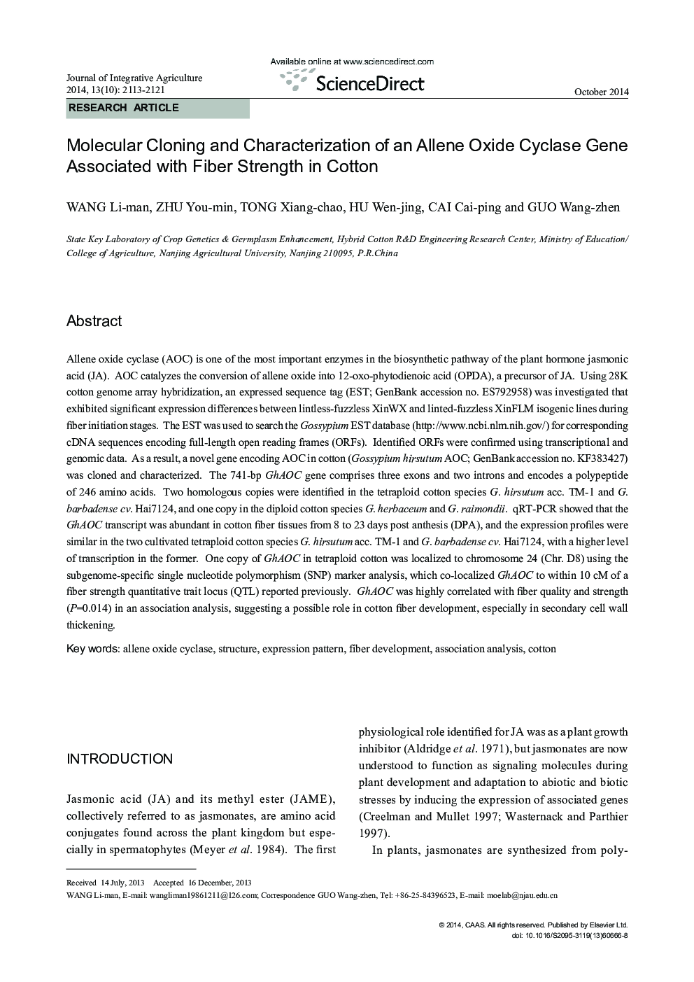 Molecular Cloning and Characterization of an Allene Oxide Cyclase Gene Associated with Fiber Strength in Cotton