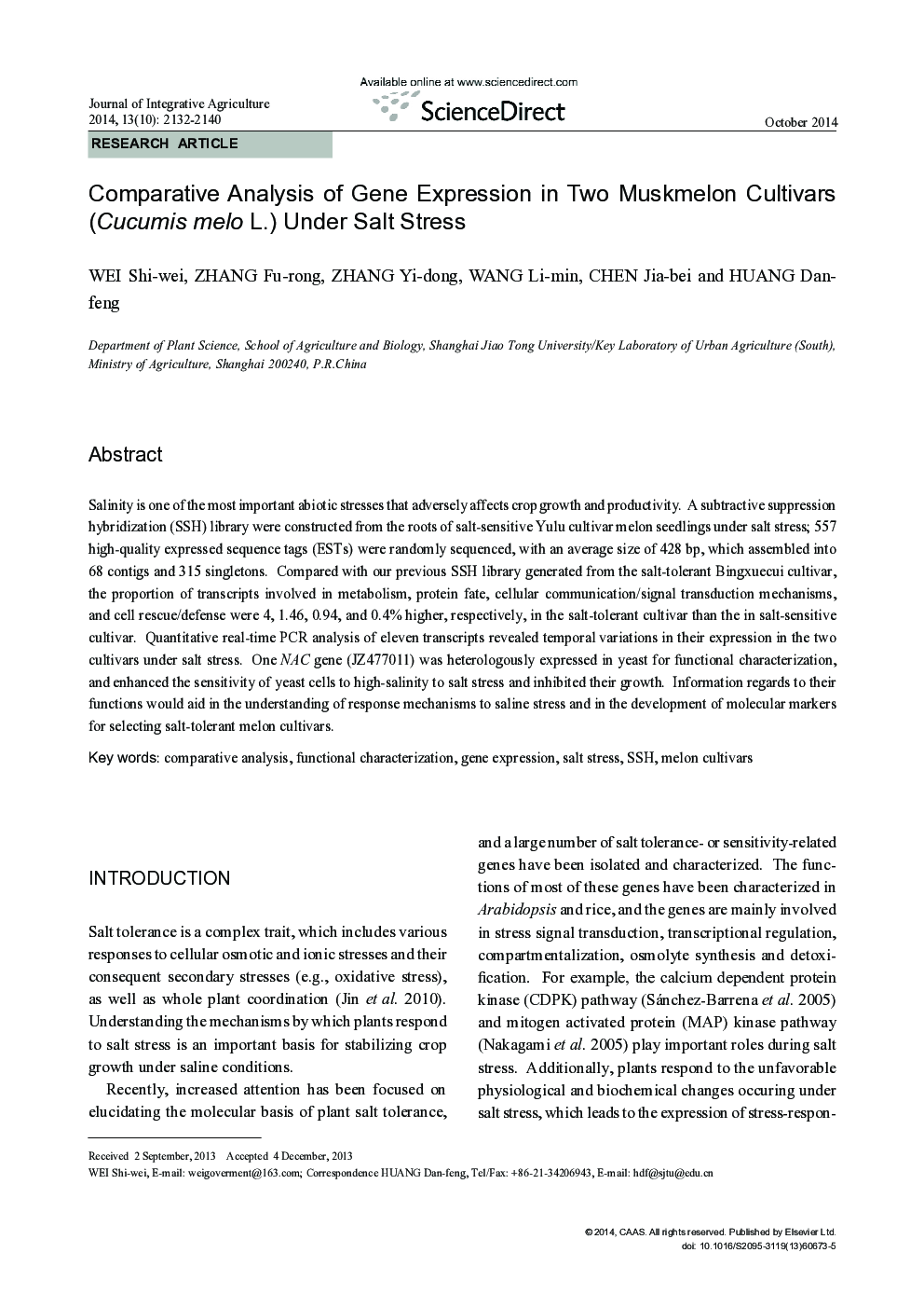 Comparative Analysis of Gene Expression in Two Muskmelon Cultivars (Cucumis melo L.) Under Salt Stress