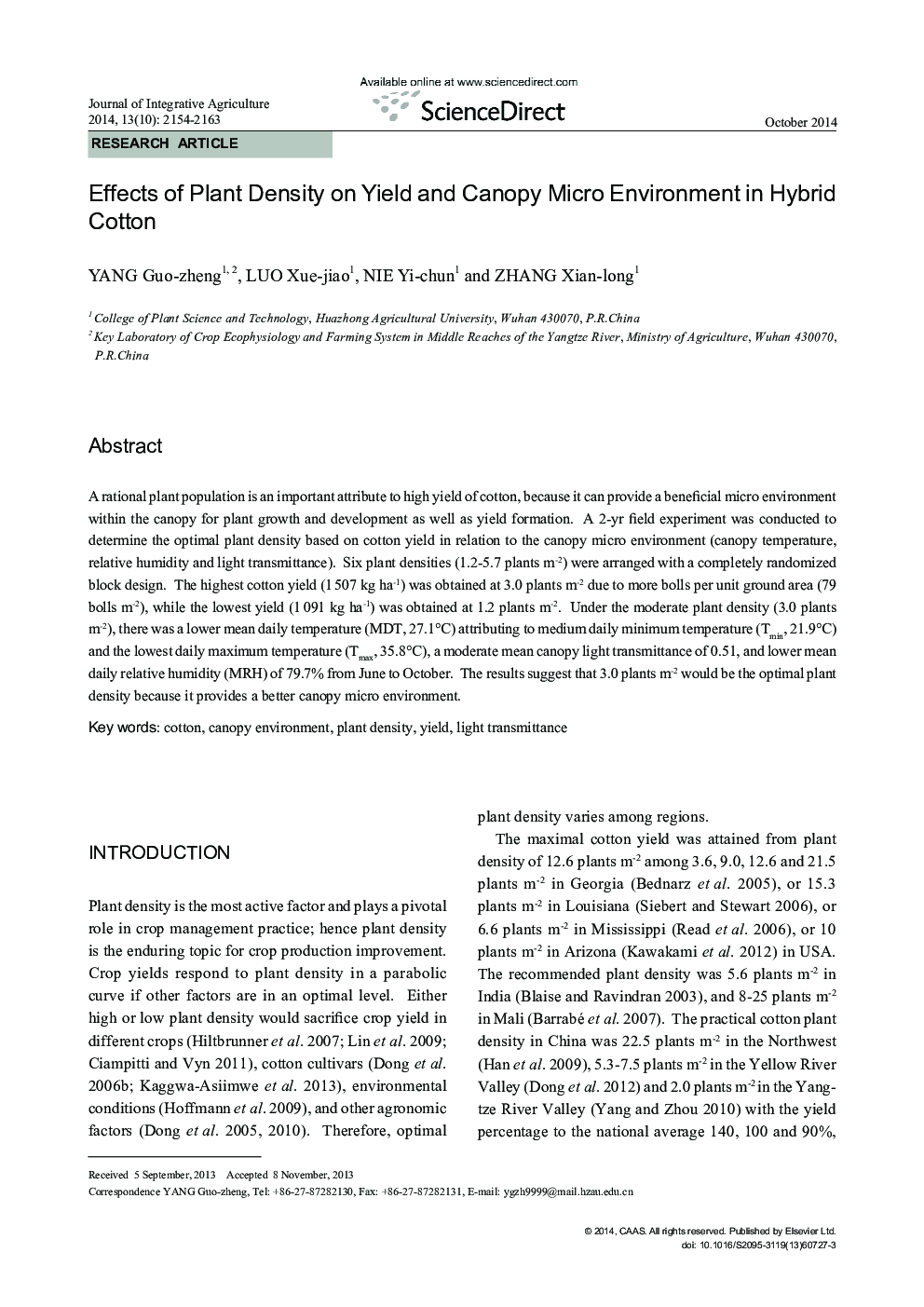 Effects of Plant Density on Yield and Canopy Micro Environment in Hybrid Cotton