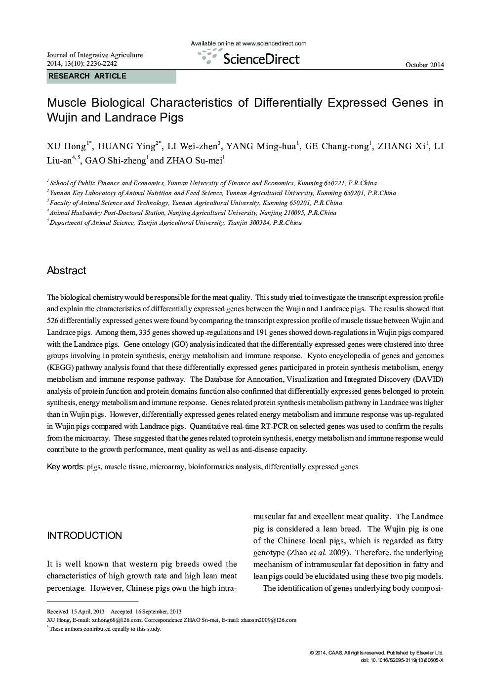 Muscle Biological Characteristics of Differentially Expressed Genes in Wujin and Landrace Pigs