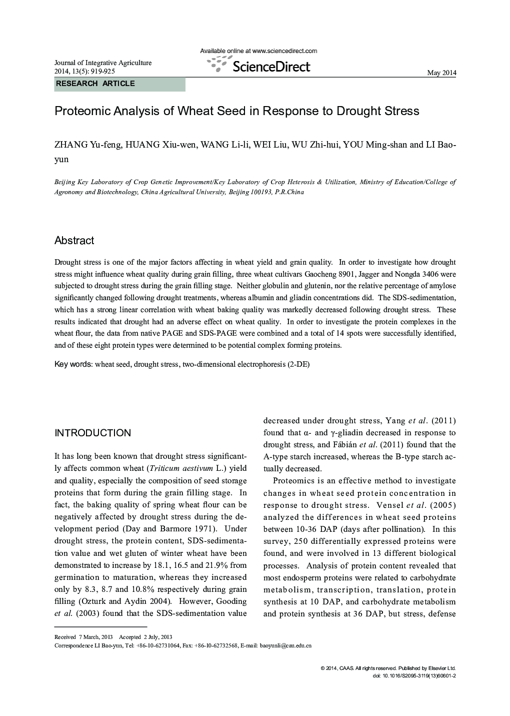 Proteomic Analysis of Wheat Seed in Response to Drought Stress