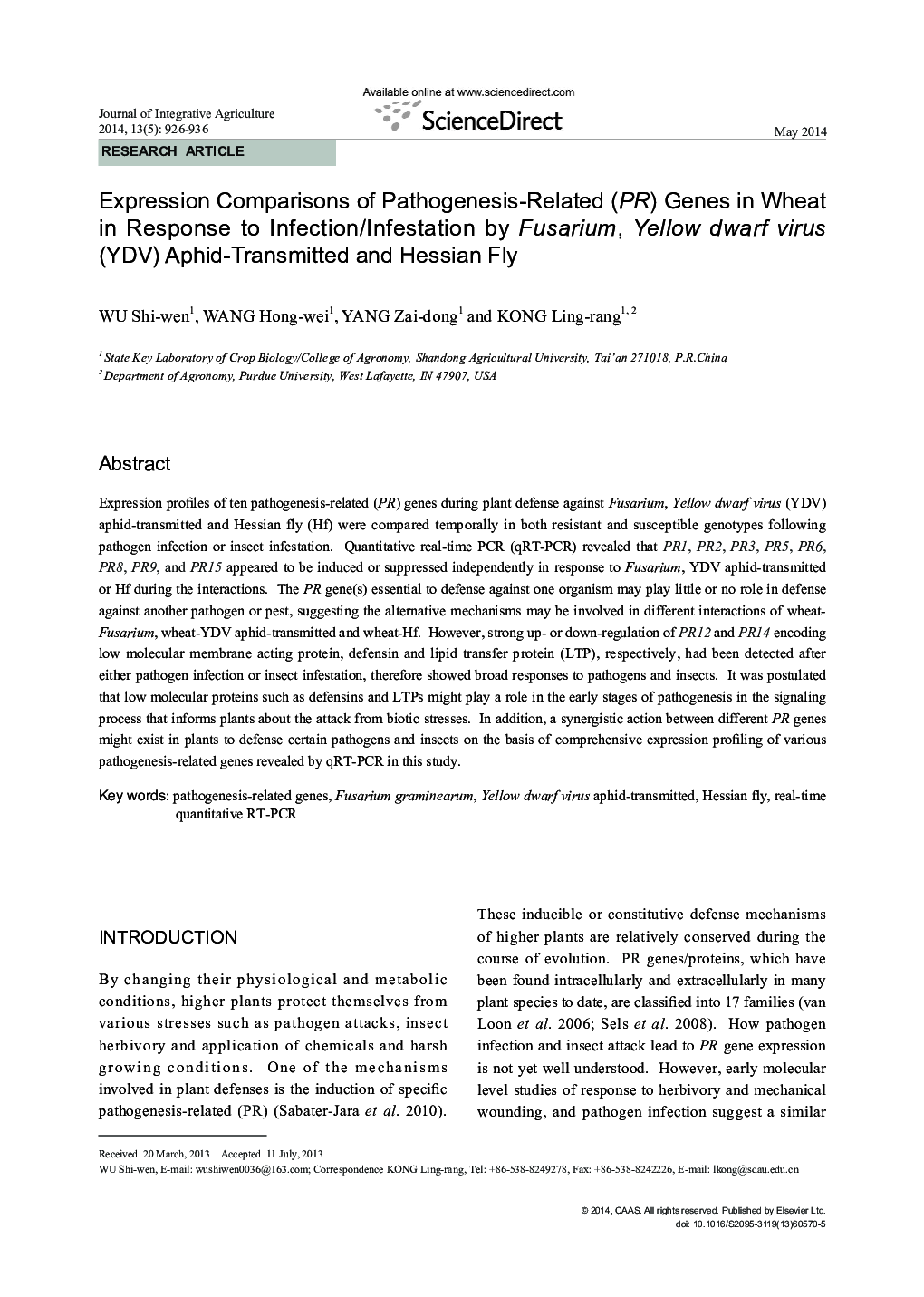 Expression Comparisons of Pathogenesis-Related (PR) Genes in Wheat in Response to Infection/Infestation by Fusarium, Yellow dwarf virus (YDV) Aphid-Transmitted and Hessian Fly