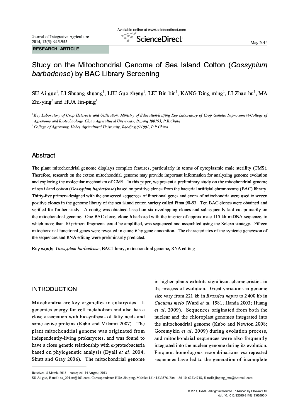 Study on the Mitochondrial Genome of Sea Island Cotton (Gossypium barbadense) by BAC Library Screening