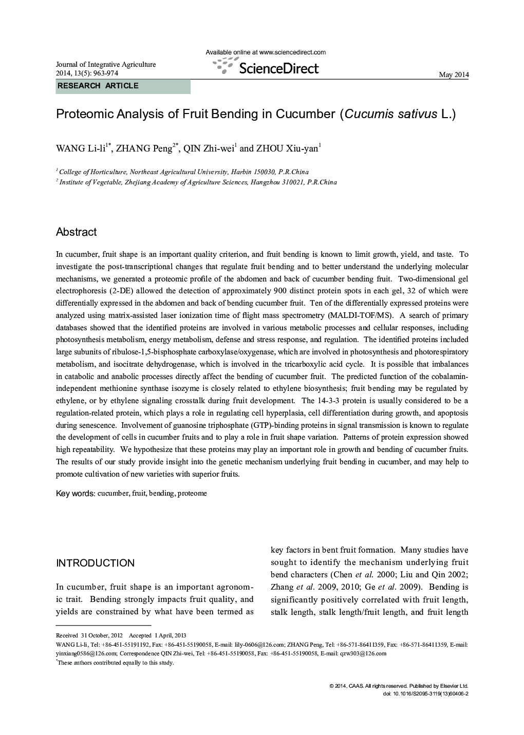 Proteomic Analysis of Fruit Bending in Cucumber (Cucumis sativus L.)