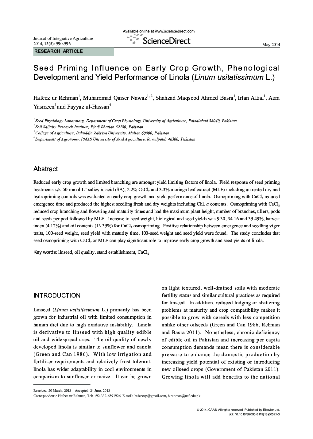 Seed Priming Influence on Early Crop Growth, Phenological Development and Yield Performance of Linola (Linum usitatissimum L.)