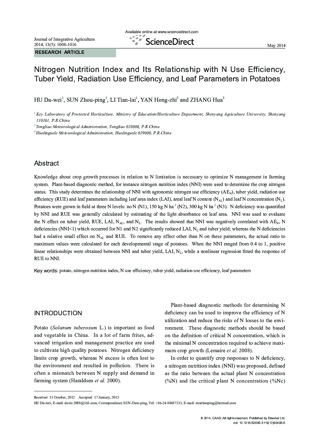 Nitrogen Nutrition Index and Its Relationship with N Use Efficiency, Tuber Yield, Radiation Use Efficiency, and Leaf Parameters in Potatoes