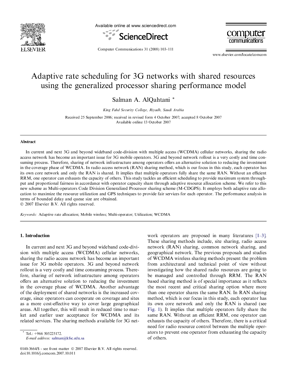 Adaptive rate scheduling for 3G networks with shared resources using the generalized processor sharing performance model