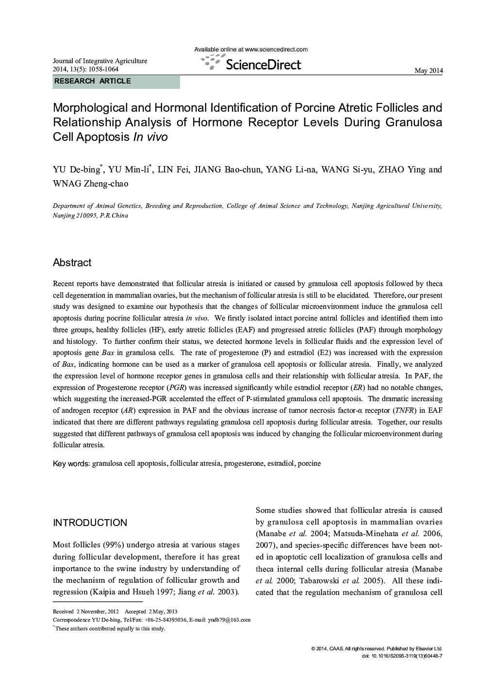 Morphological and Hormonal Identification of Porcine Atretic Follicles and Relationship Analysis of Hormone Receptor Levels During Granulosa Cell Apoptosis In vivo