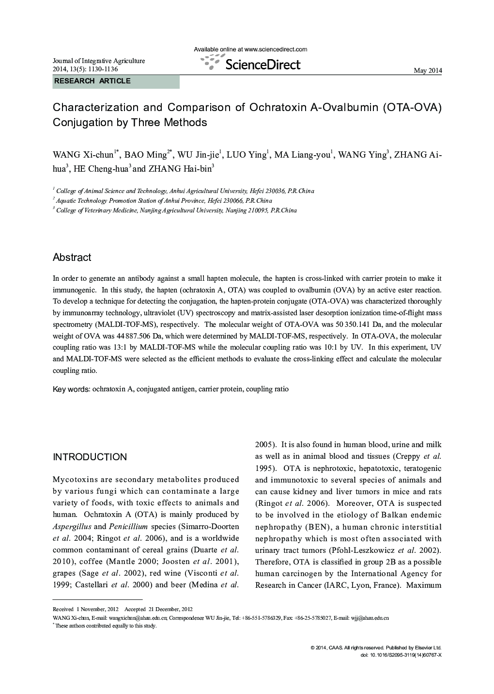Characterization and Comparison of Ochratoxin A-Ovalbumin (OTA-OVA) Conjugation by Three Methods
