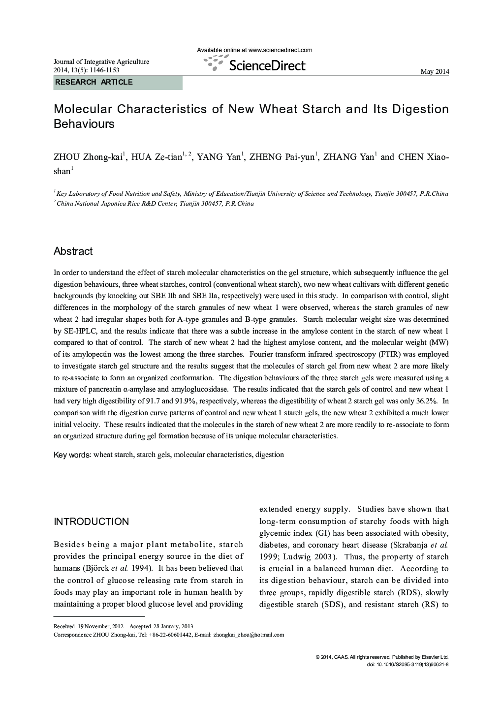 Molecular Characteristics of New Wheat Starch and Its Digestion Behaviours