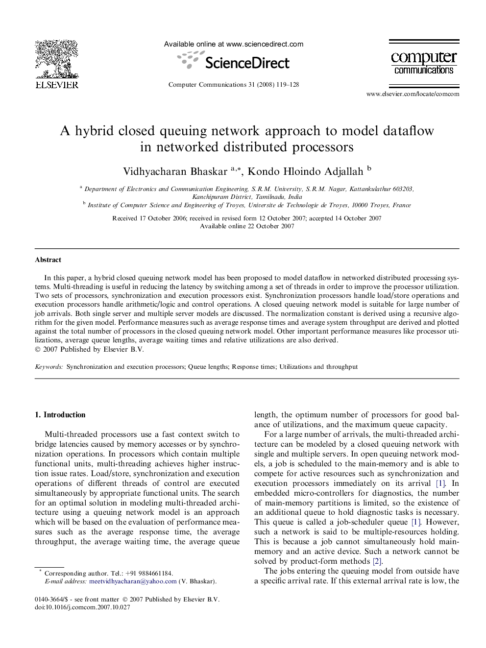 A hybrid closed queuing network approach to model dataflow in networked distributed processors