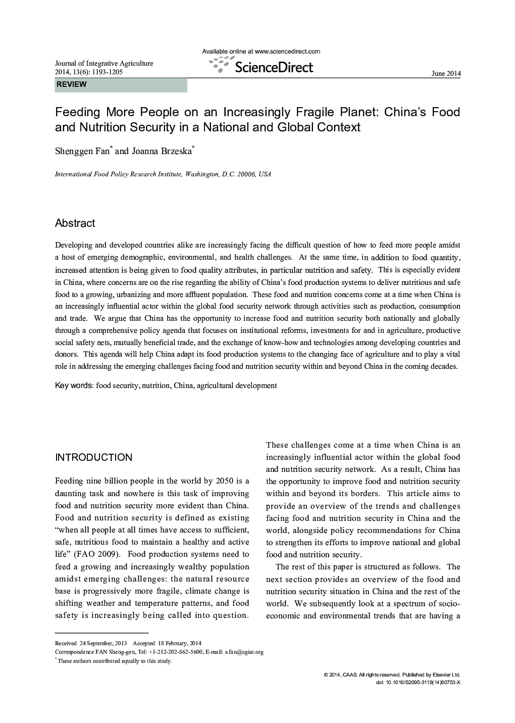 Feeding More People on an Increasingly Fragile Planet: China's Food and Nutrition Security in a National and Global Context