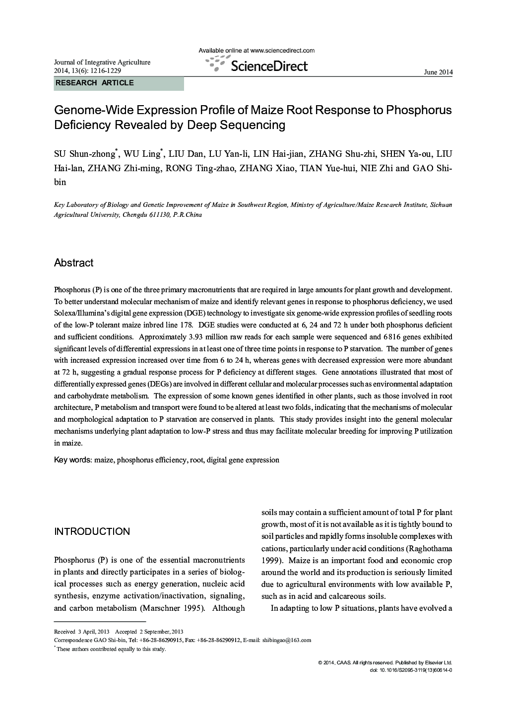 Genome-Wide Expression Profile of Maize Root Response to Phosphorus Deficiency Revealed by Deep Sequencing