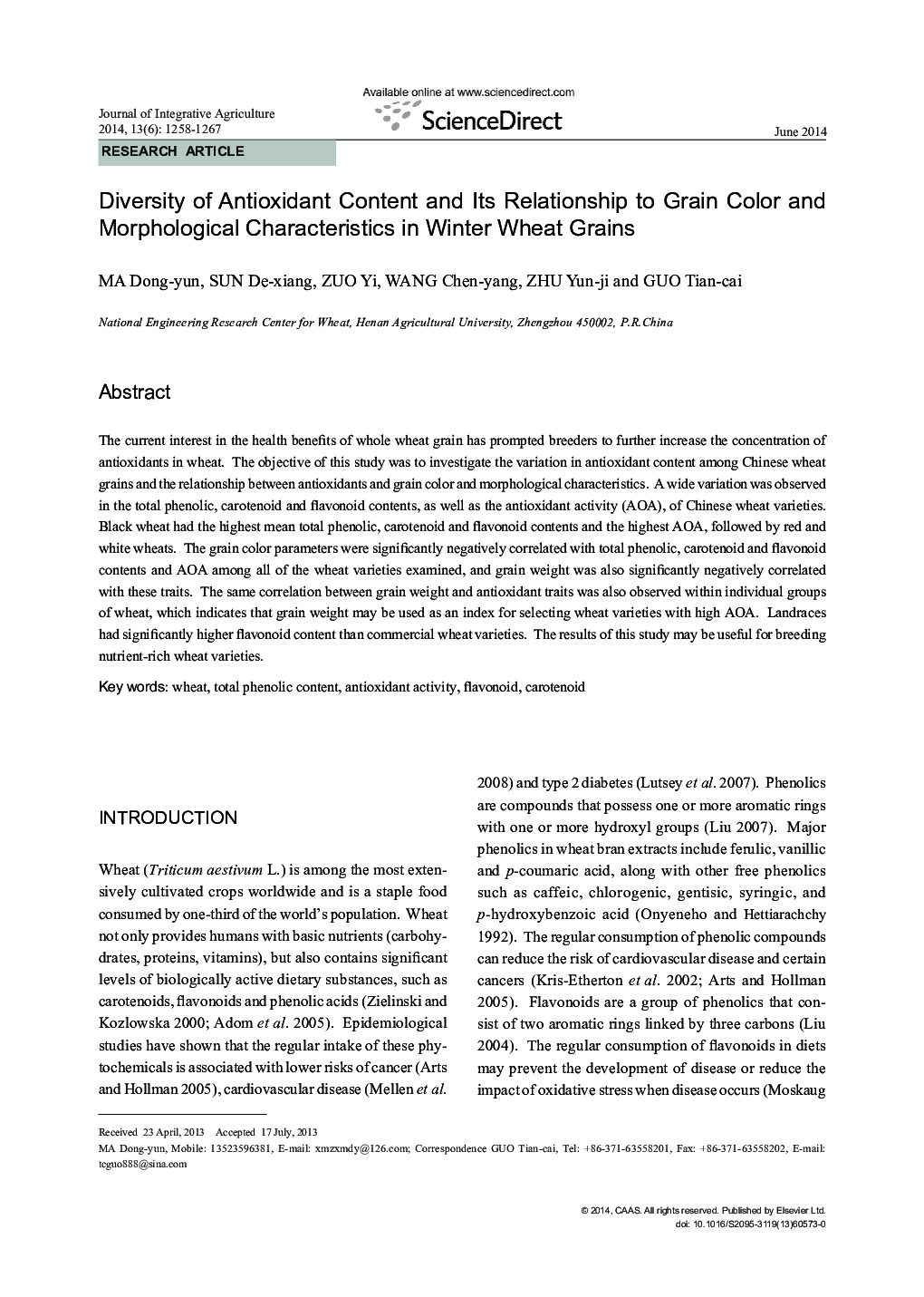 Diversity of Antioxidant Content and Its Relationship to Grain Color and Morphological Characteristics in Winter Wheat Grains