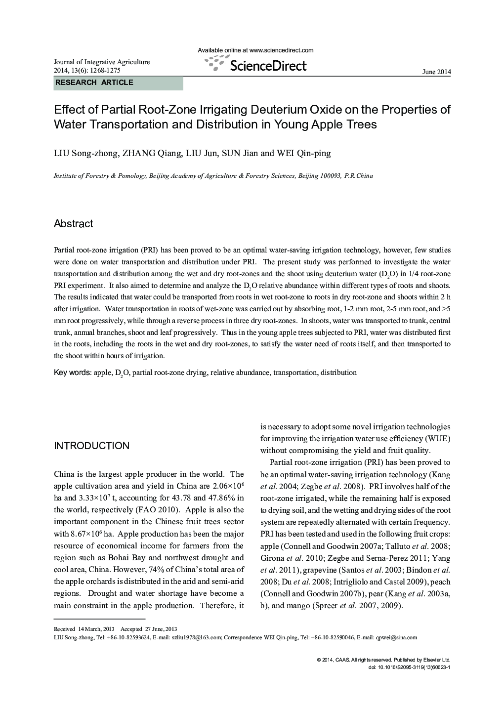 Effect of Partial Root-Zone Irrigating Deuterium Oxide on the Properties of Water Transportation and Distribution in Young Apple Trees