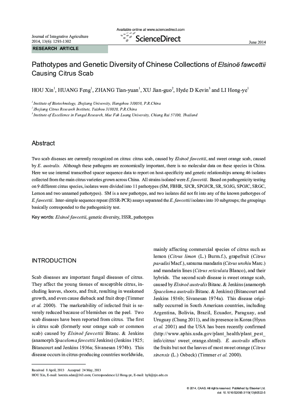 Pathotypes and Genetic Diversity of Chinese Collections of Elsinoë fawcettii Causing Citrus Scab